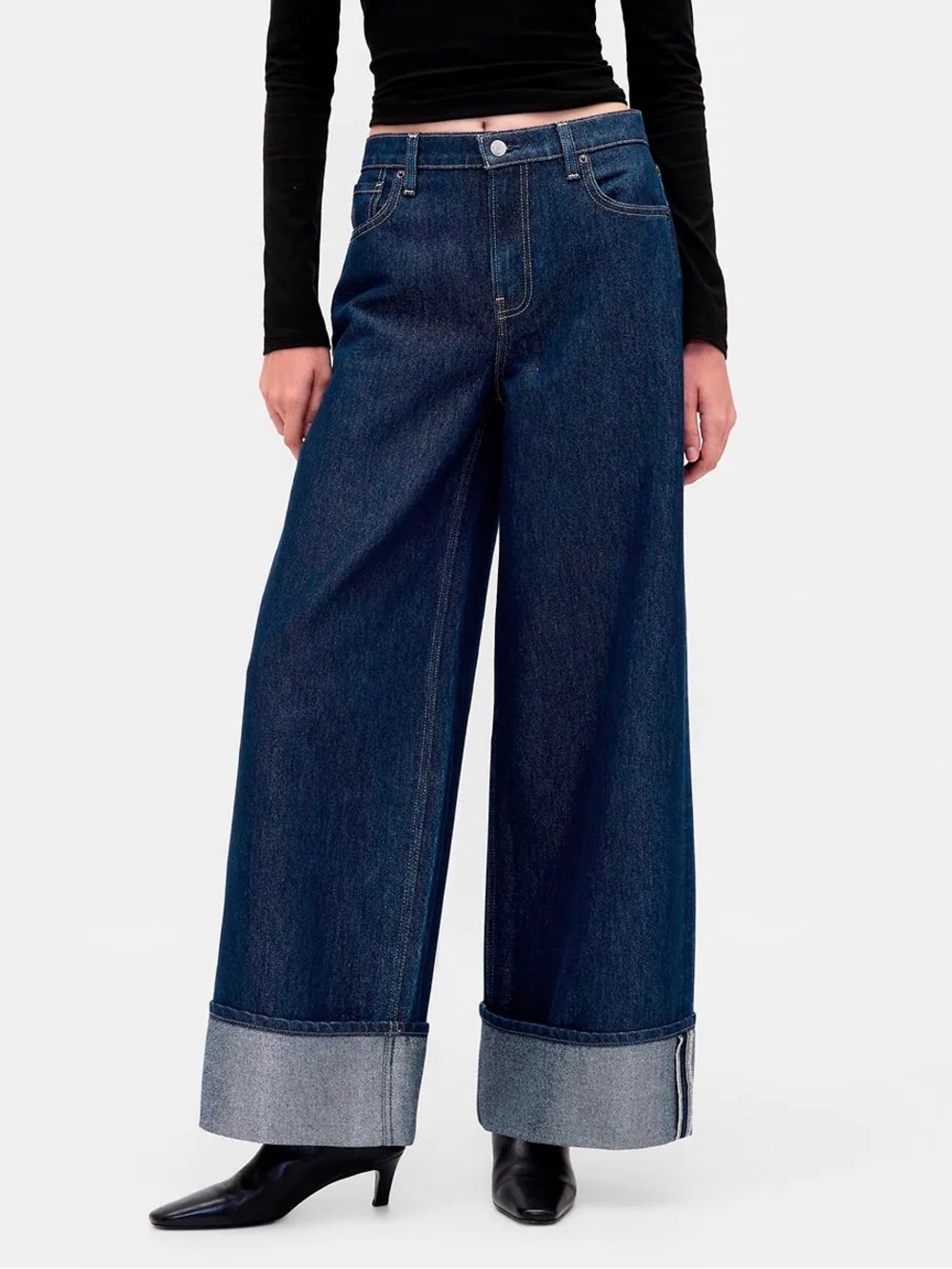GAP Metallic Baggy amid Rise Dark Blue Rinse Denim Wide-Leg Cuffed Jeans